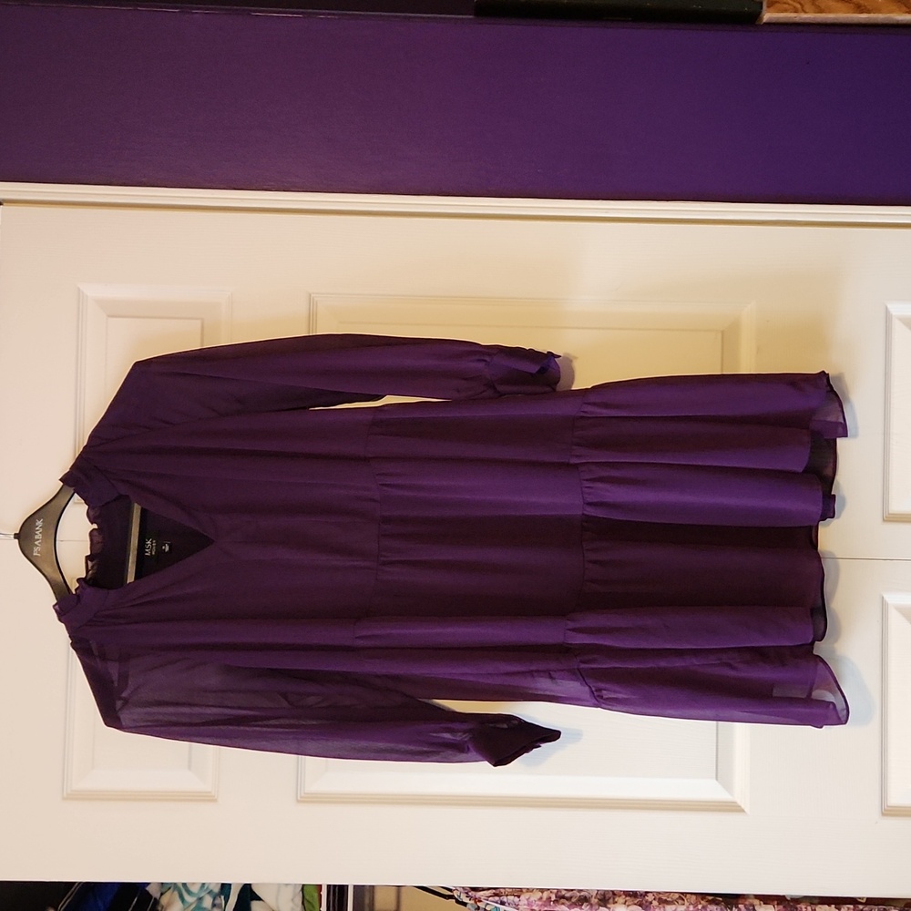 Purple Knee Length Long Sleeve Dress with Sheer Overlay - 1X
